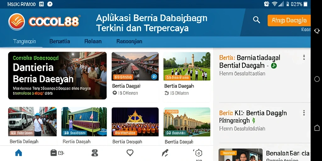 Tampilan antarmuka aplikasi COCOL88 dengan berita daerah terkini.
