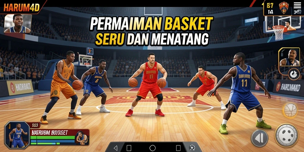 Tampilan utama antarmuka game basket yang menarik dan dinamis.