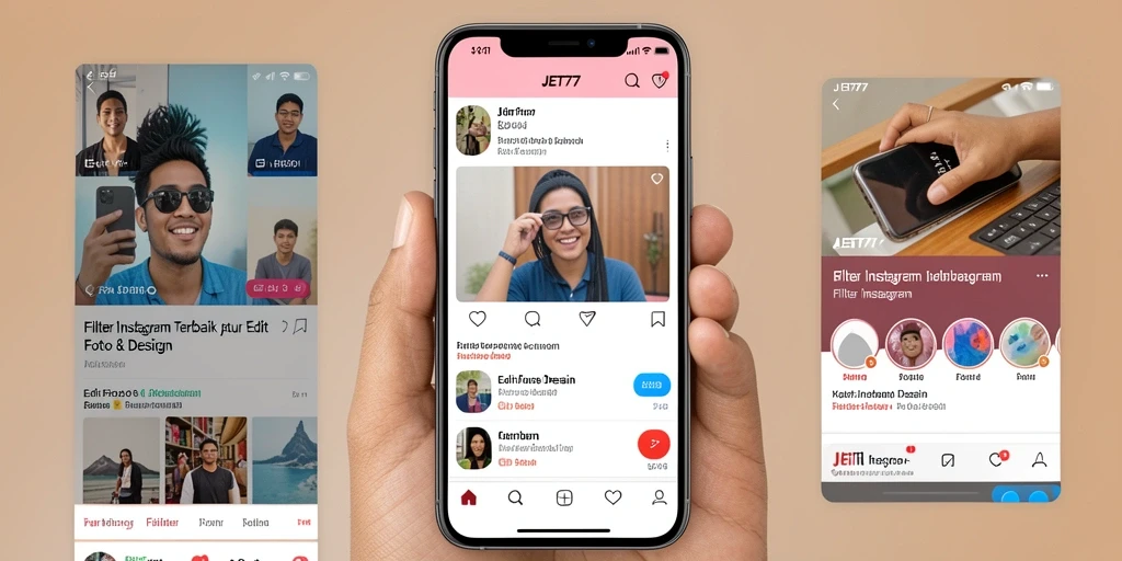 Antarmuka JET77 dengan pilihan filter Instagram yang menarik.