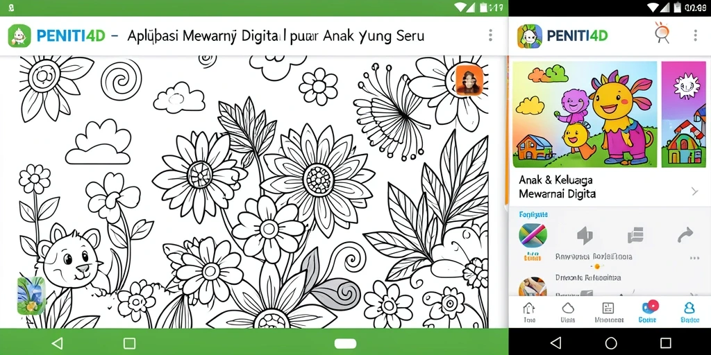Tampilan antarmuka aplikasi Mewarnai Digital PENITI4D yang ceria dan interaktif.